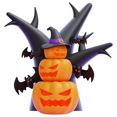 Halloween Decorative Ornament Set Featuring Stacked Pumpkins Witch Hat Black Branches And Bats 3d model