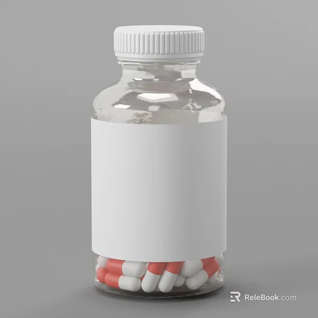 Transparent Plastic Bottle With White Label Containing Red And White Pills 3d model 