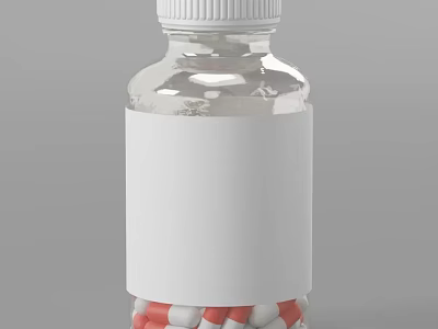 Transparent Plastic Bottle With White Label Containing Red And White Pills 3d model