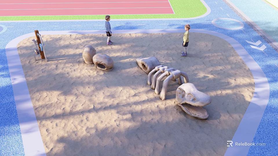 Garden Landscape With Sand Area Dinosaur Skeleton Sculptures Green Lawn And Children Playing 3d model 