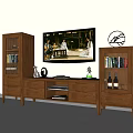 Traditional Wooden TV Stand With Glass Fronted Side Cabinets Holding Books And Decor
