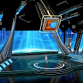 Futuristic Tech Stage With Chip Graphic Large Screen Blue Lighting And Figure