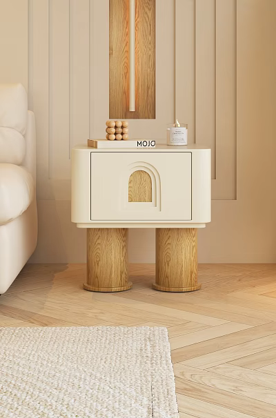 Modern White Side Table With Wooden Legs In Living Room By Sofa And Decorative Items 3d model