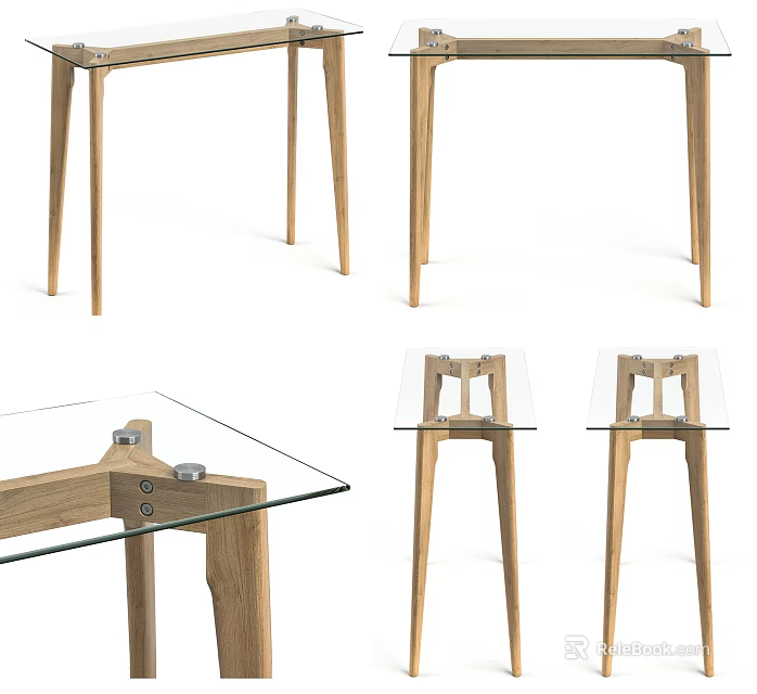 Modern Minimalist Desk With Glass Top And Wooden Legs Structure 3d model 