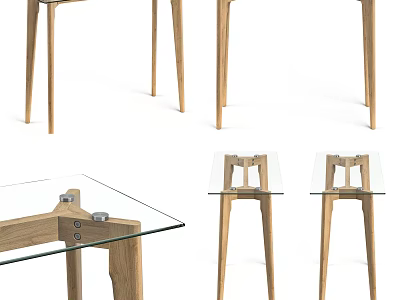 Modern Minimalist Desk With Glass Top And Wooden Legs Structure 3d model