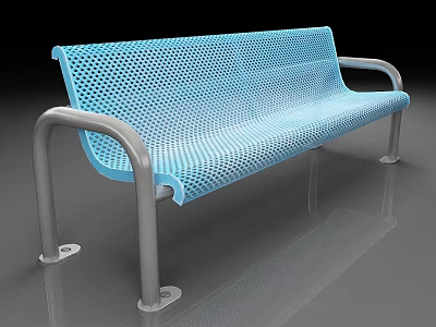 Outdoor Bench With Silver Metal Frame And Perforated Blue Seat Backrest 3d model