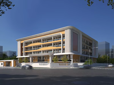 Modern School Building With Yellow White Exterior Walls Balconies Trees And Front Entrance 3d model