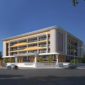 Modern School Building With Yellow White Exterior Walls Balconies Trees And Front Entrance