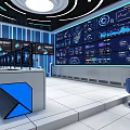 Modern Control Room Interior With Multiple Screens Data Charts Blue Lighting And Control Console 3d model