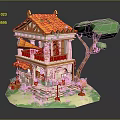 Cartoon Style Two Story Mini House With Orange Roof Balcony Green Tree And Grass