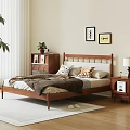 Double Bed with Wooden Headboard Pillows Blanket Nightstands Table Lamp Wall Art and Green Plant