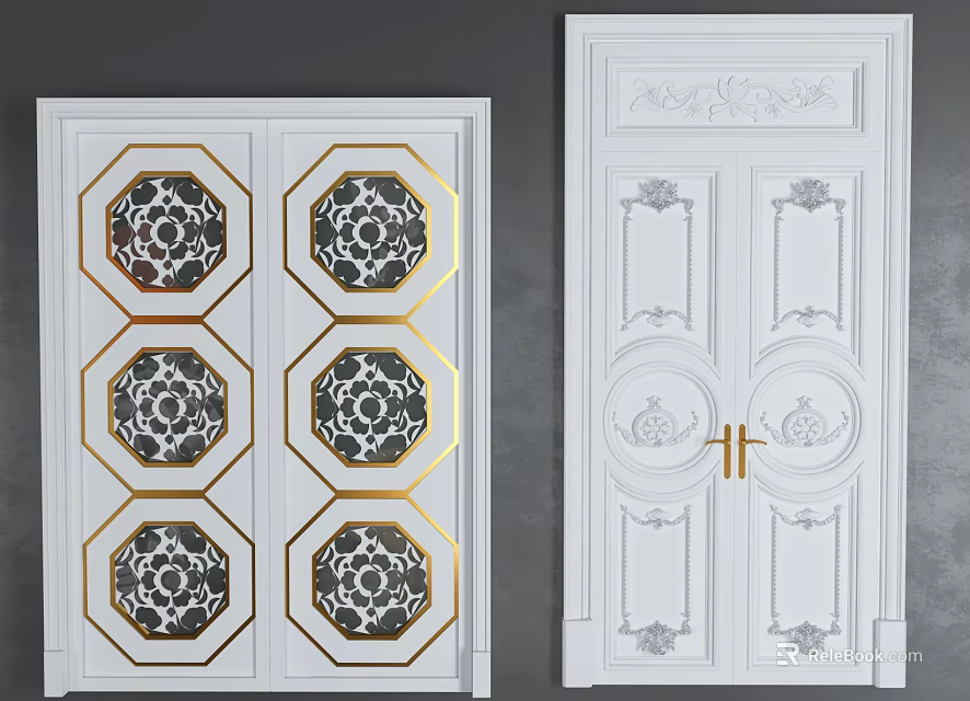 Elegant White Double Doors Featuring Gold Accents And Carved Patterns 3d model