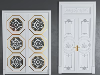 Elegant White Double Doors Featuring Gold Accents And Carved Patterns 3d model
