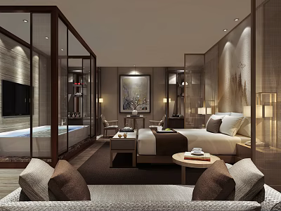 Modern Hotel Room Interior With King Bed Sofa Bathtub And Decorative Painting 3d model