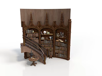 Gothic Architecture Inspired Ornate Bookshelf With Carved Details Multiple Shelves Staircase And Side Table 3d model