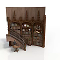 Gothic Architecture Inspired Ornate Bookshelf With Carved Details Multiple Shelves Staircase And Side Table