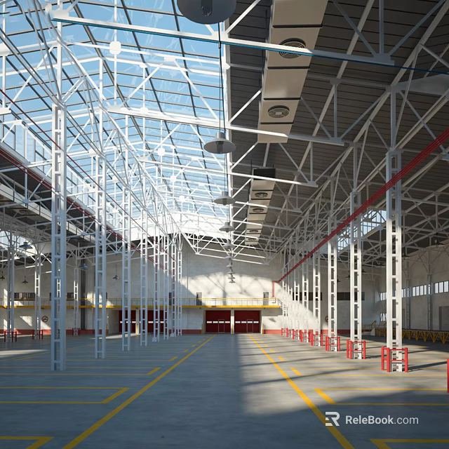 Industrial Workshop With Metal Frame Structure High Ceiling Glass Roof And Red Barriers 3d model 