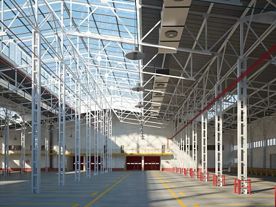 Industrial Workshop With Metal Frame Structure High Ceiling Glass Roof And Red Barriers 3d model