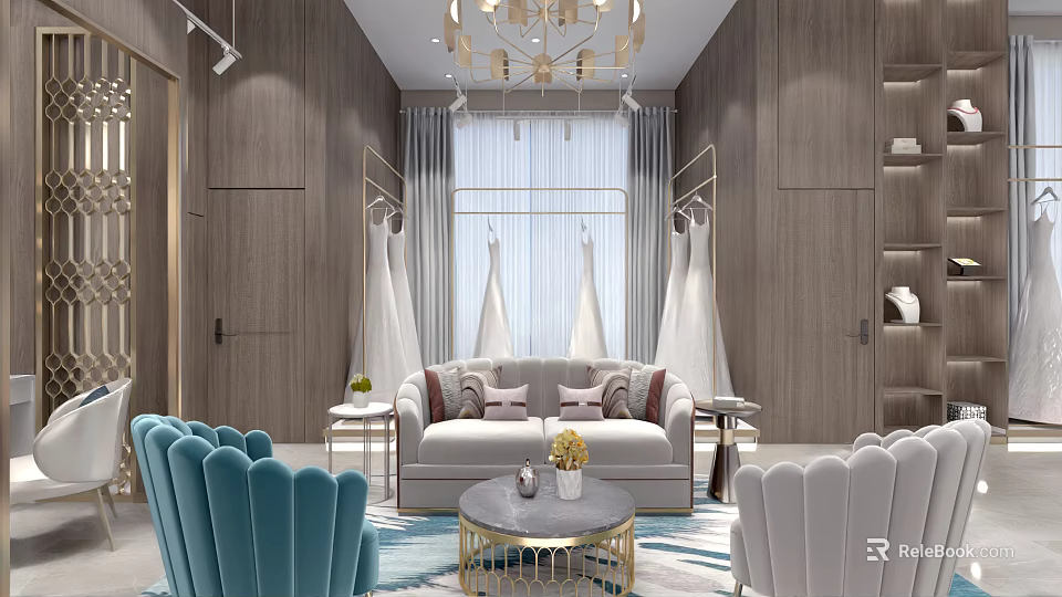 Elegant Bridal Shop Interior Featuring Wooden Walls Chandelier Wedding Dress Hangers Sofa Chairs And Rug 3d model 