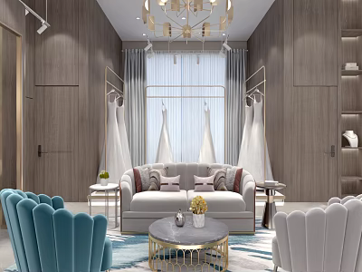 Elegant Bridal Shop Interior Featuring Wooden Walls Chandelier Wedding Dress Hangers Sofa Chairs And Rug 3d model