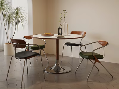 Modern Round Dining Table And Chairs With White Top Metal Base Wooden Accents And Plants 3d model