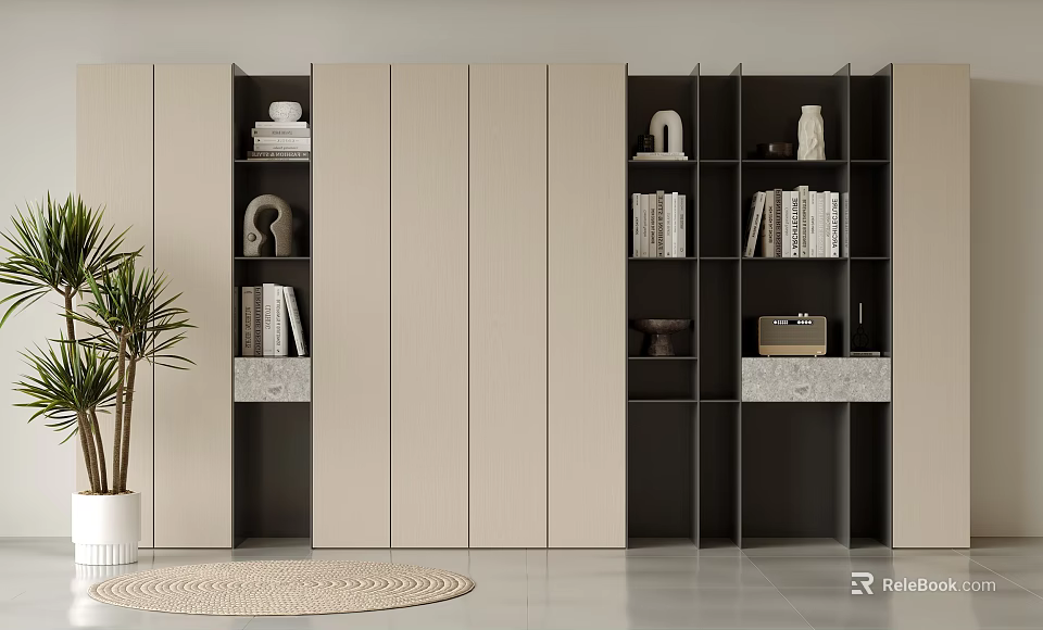 Modern Bookcase Design With Open Compartments Books And Decorative Items 3d model 