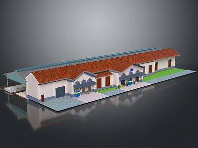 Cartoon Scene Of Single Story Building With Red Roof Front Awnings Doors And Green Lawn 3d model