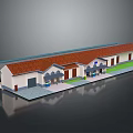 Cartoon Scene Of Single Story Building With Red Roof Front Awnings Doors And Green Lawn