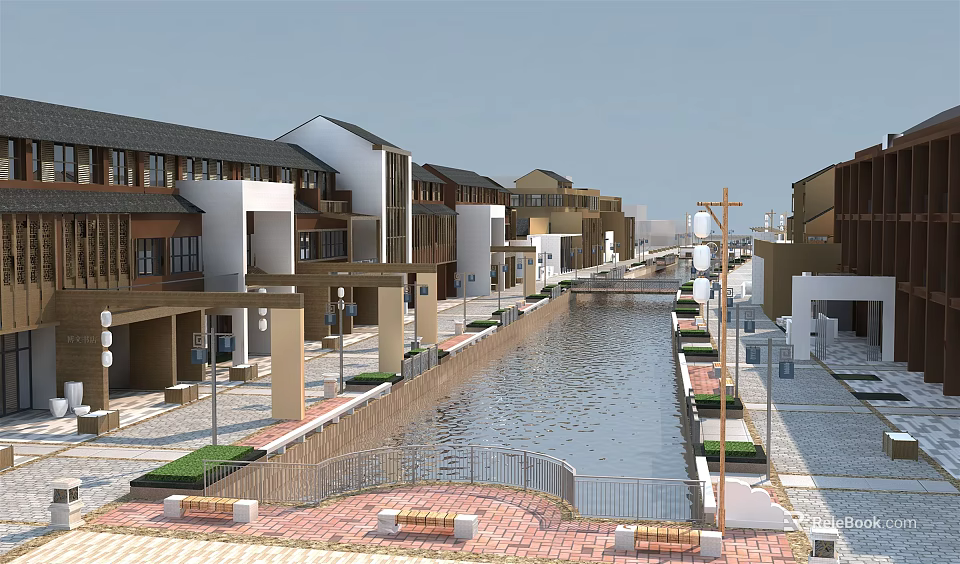 Modern Commercial Street With Central Canal Buildings Street Lamps Benches And Green Plants 3d model 