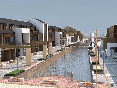 Modern Commercial Street With Central Canal Buildings Street Lamps Benches And Green Plants 3d model