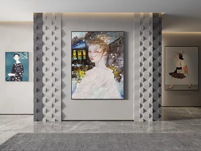 Central Portrait Painting Of Woman With Night Scene Background In Modern Interior And Soft Light 3d model