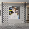 Central Portrait Painting Of Woman With Night Scene Background In Modern Interior And Soft Light