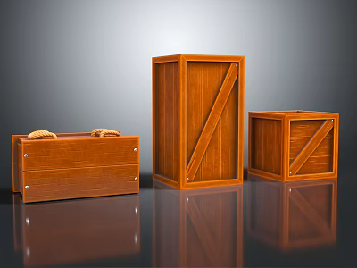 Three Stylish Wooden Boxes Featuring Drawers Diagonal Strips And Rope Handles On Smooth Reflective Surface 3d model