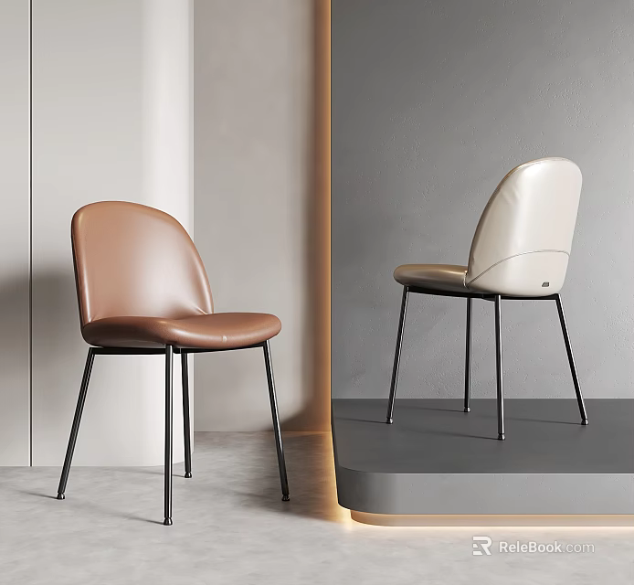 Modern Leather Dining Chairs In Brown And Beige With Black Metal Legs 3d model 