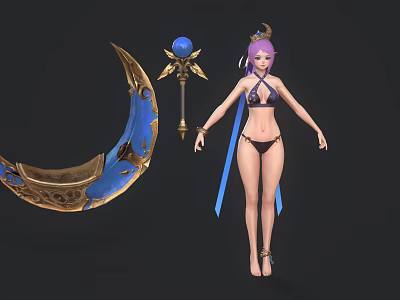 Game Anime Character with Purple Hair Bikini Blue Ribbons Crescent Weapon Blue Gem Staff 3d model
