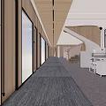 Modern Public Office Space With Wooden Walls Linear Ceiling Lights Workstations Computers And Gray Carpet