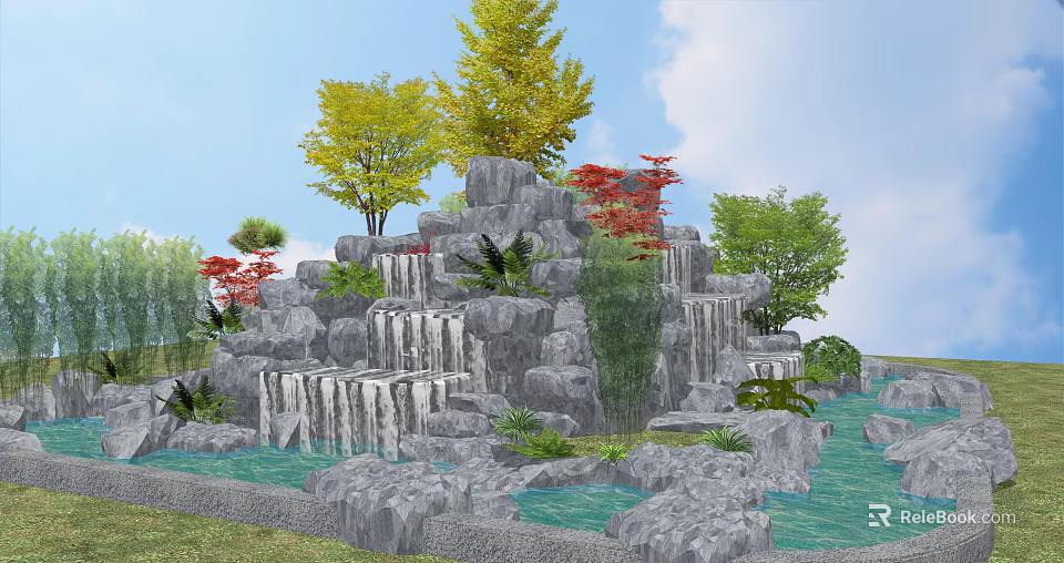Landscaped Garden Rock Waterfall With Stacked Stones Colorful Trees And Pond 3d model 