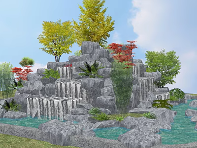 Landscaped Garden Rock Waterfall With Stacked Stones Colorful Trees And Pond 3d model