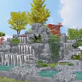 Landscaped Garden Rock Waterfall With Stacked Stones Colorful Trees And Pond