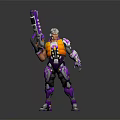 White Haired Character in Purple Orange Armor Holding Purple Black Gun Standing on Round Base