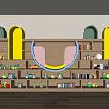 Wooden Children Bookcase With Yellow Green Arch Design Multiple Shelves And Organized Toys Storage