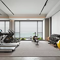 Spacious Entertainment Room Interior With Treadmills Dumbbells Exercise Ball And Natural Light