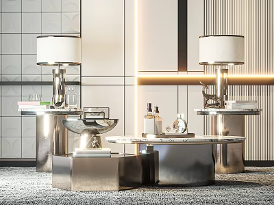 Elegant Modern Coffee Table With Silver Metal Base Marble Top And Decorative Lamps 3d model