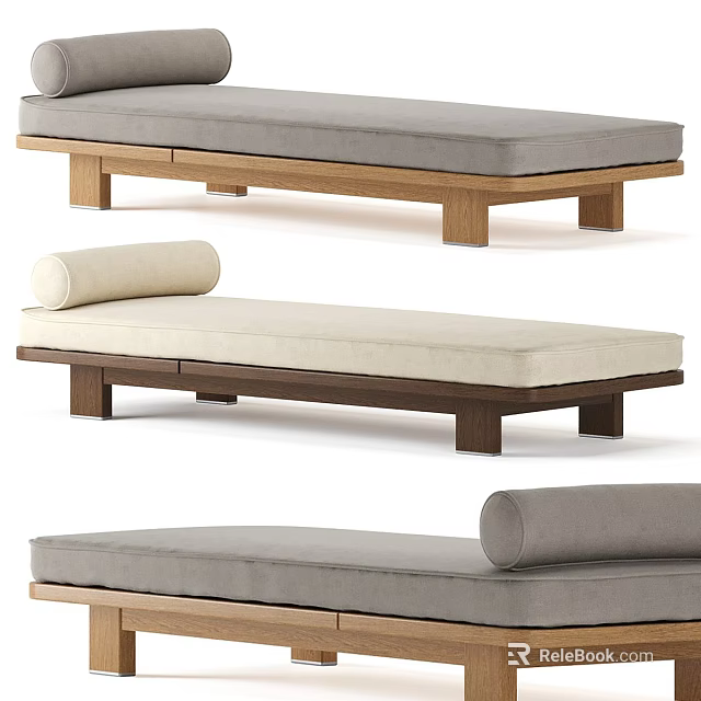 Sofa Bench With Wooden Frame Padded Seat And Roll Pillow In Modern Gray Beige Design 3d model 
