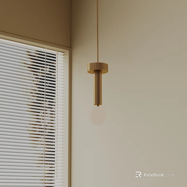Sleek Brass Pendant Light With Simple Cylindrical Shape Near Window With Blinds In Light Room 3d model 