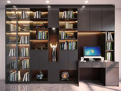 Modern Dark Wood Bookshelf with Open Shelves and Decorative Items in Home Office Study Room 3d model