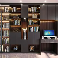 Modern Dark Wood Bookshelf with Open Shelves and Decorative Items in Home Office Study Room