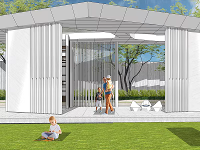 Modern Outdoor Pergola Open Design Structure With Grass Lawn People And Trees 3d model