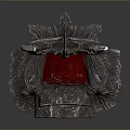 Ornate Black Throne With Red Cushion Horned Design Metal Carvings And Small Pink Pig Figurine