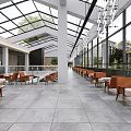 Modern Office Corridor With Wooden Ceiling Glass Skylights Gray Flooring And White Walls